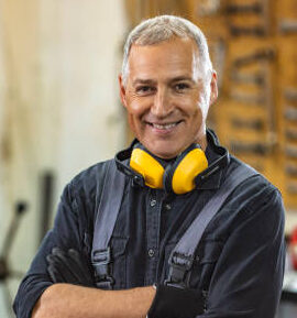 Portrait of successful mature man in eyeglasses standing in his carpentry workshop. Proud carpentry workshop owner standing with his arms crossed.